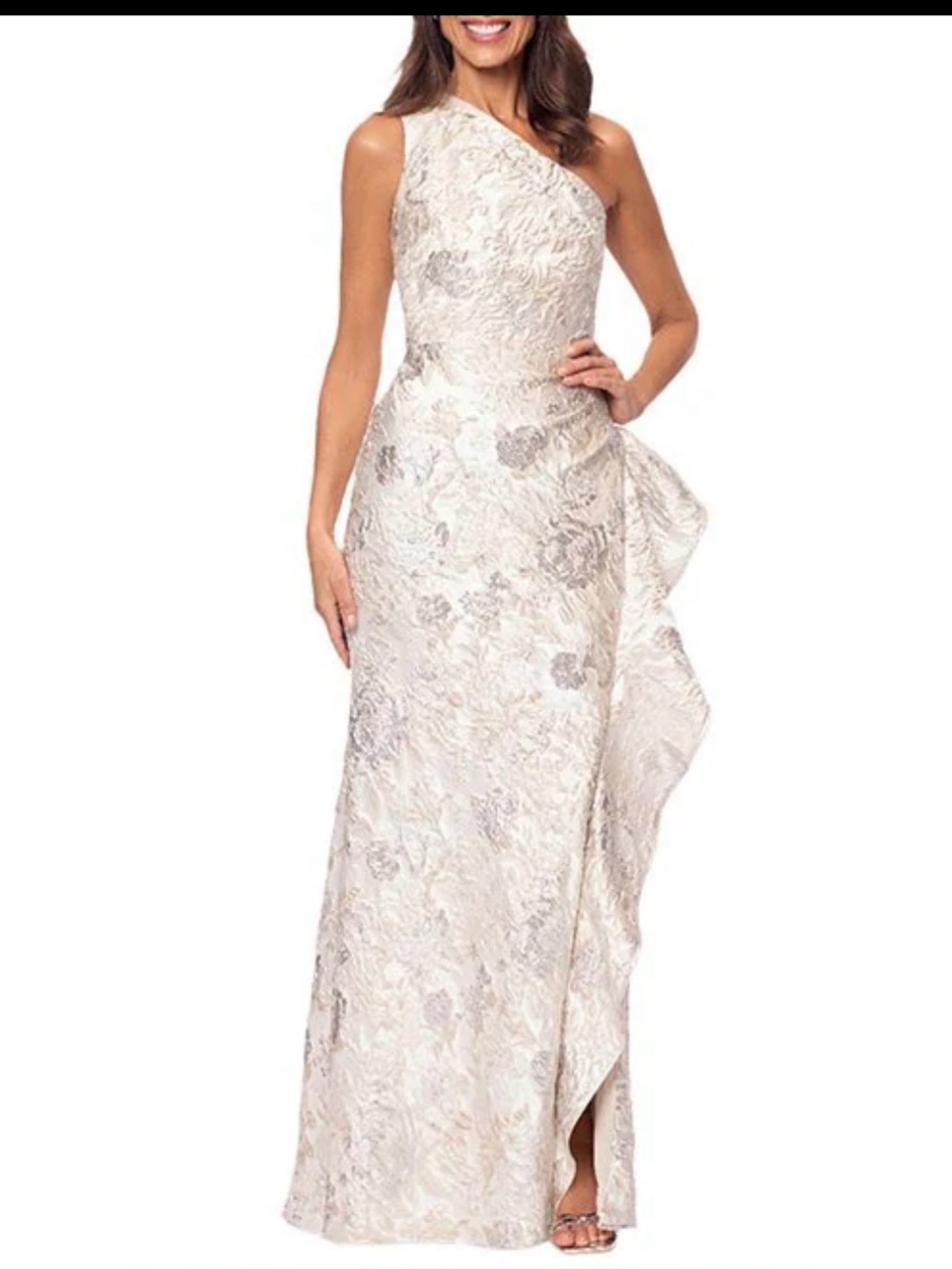 Xscape One-Shoulder Metallic Floral Evening Gown Champagne Gold. Size 14P. NWT